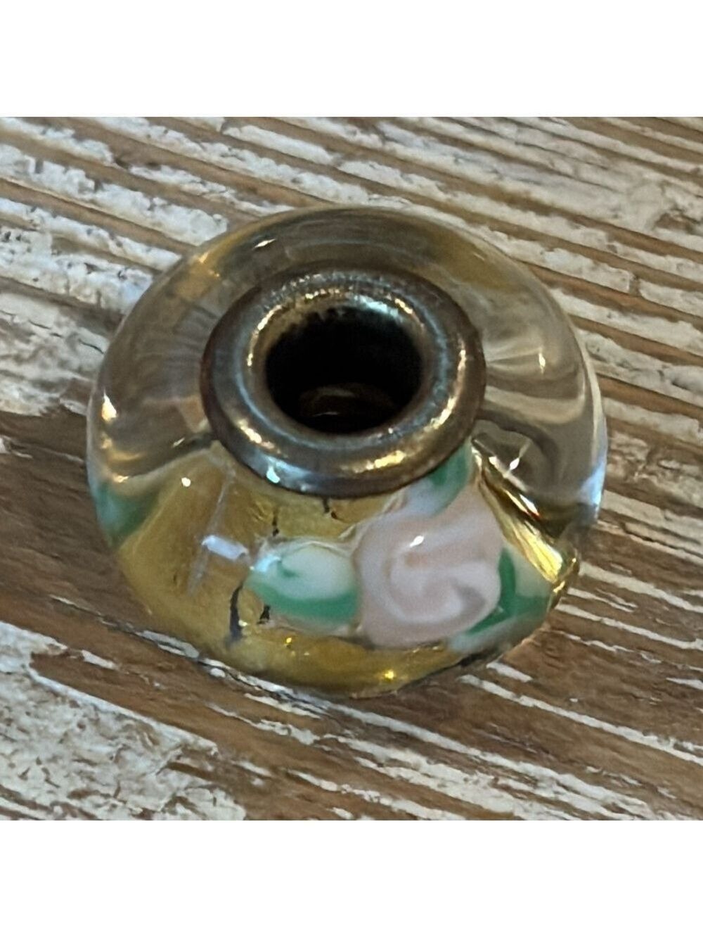 TROLLBEADS Murano clear glass bead gold inset pink flowers green leaves ss core
